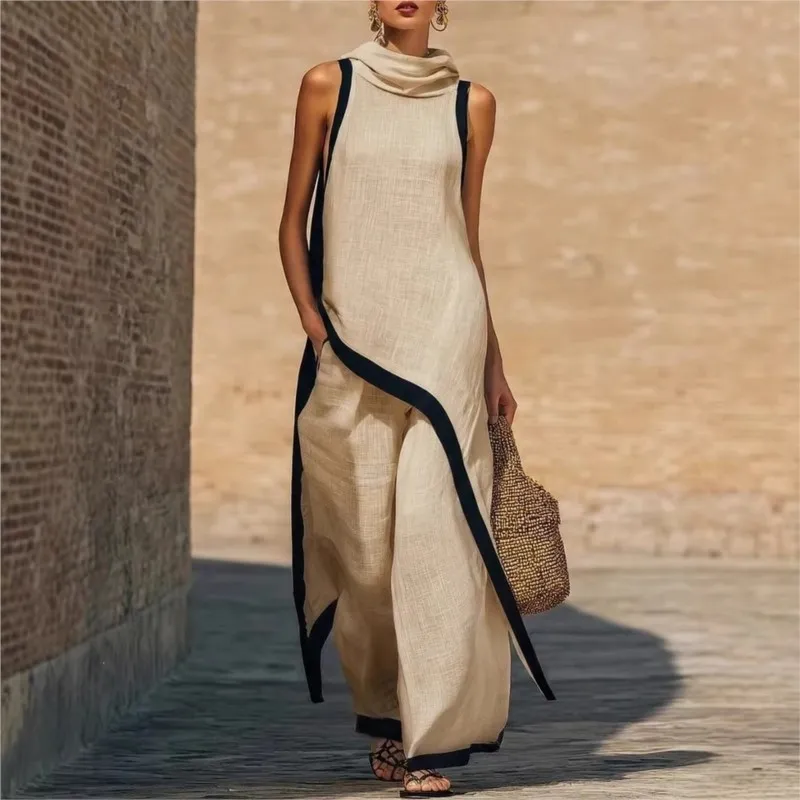 New French Retro Women's Two-Piece Set: Suit Solid Sleeveless Blouse With High Waist Pants Elegant Casual Matching Outfit Women