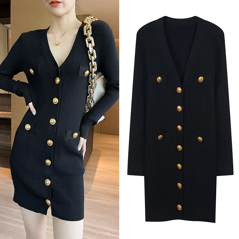 

Весна 202, женский корейский вязаный свитер с V-образным вырезом на одной пуговице, длинная юбка-база для поездок на работу, один материал