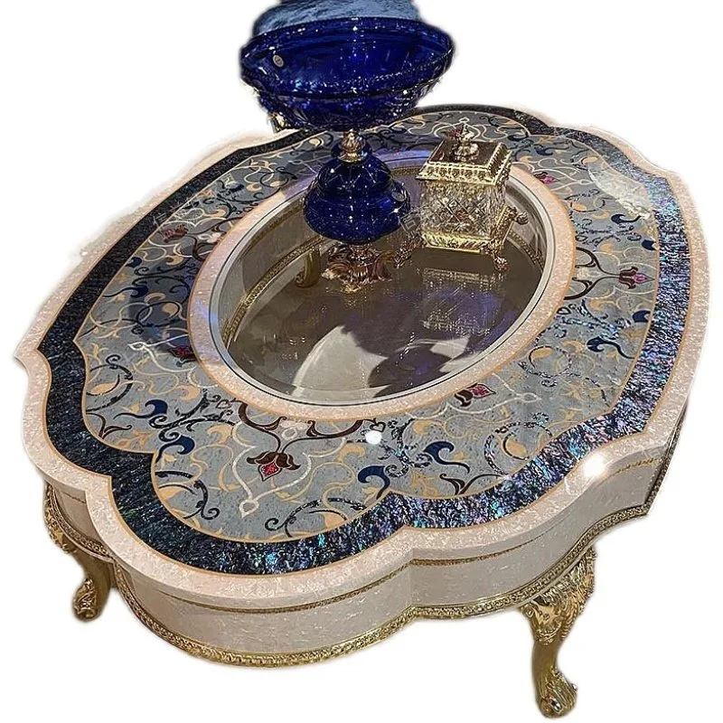French solid wood colored shell parquet oval tea table luxury European court coffee table villa living room household tea table