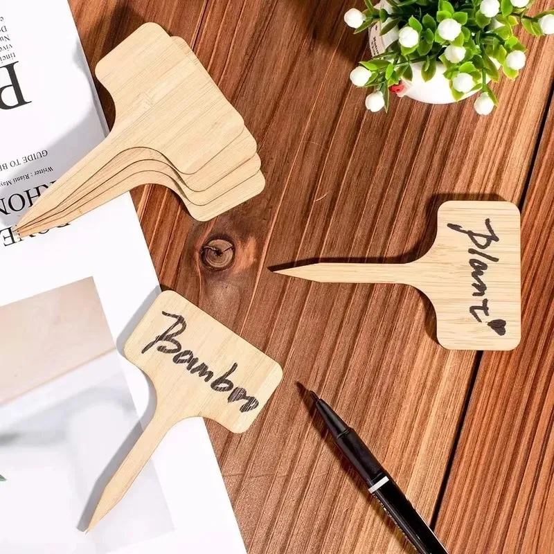 Bamboo Plant Labels, Plant Tags, T-Type Garden Markers for Plants, Vegetable Seedlings Name Signs, Outdoor Waterproof Handwritte
