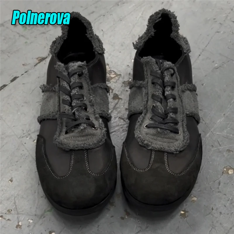 

Retro Versatile Board Shoes for Men Women Genuine Leather Patchwork Round Toe Lace Up Couple Casual Shoes Comfort Training Shoes