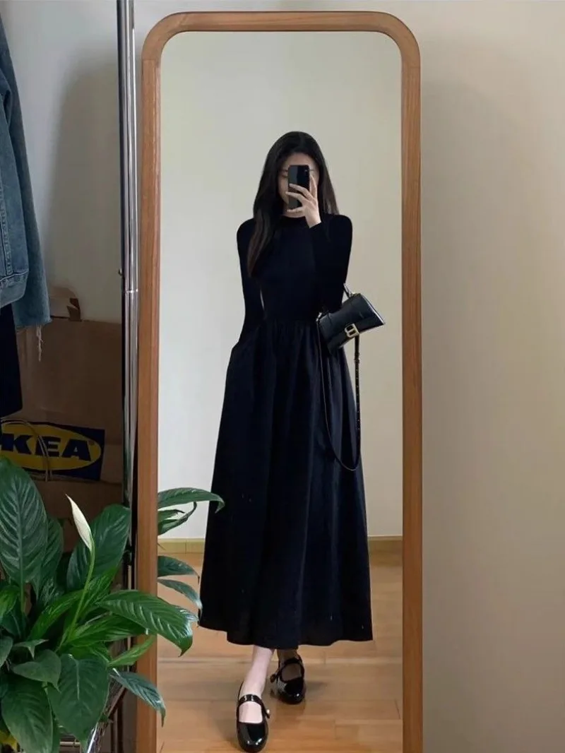 Black Base Inner Dress, High Neck Long Sleeve A-word Skirt, Solid Color Long Sleeve Splicing Medium and Long Dress