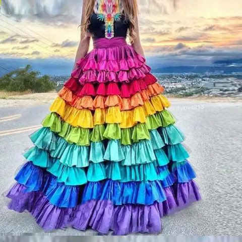 Rainbow Tiered Long Skirts Women A Line Saias Lady Puffy Skirt Floor Length Women Formal Wear Girls Wedding Guest Party Gowns