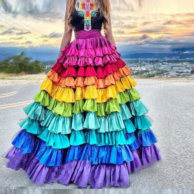 Tęczowe wielowarstwowe długie spódnice damskie A Line Saias Lady Puffy Skirt Floor Length Women Formal Wear Girls Wedding Guest Party Gowns