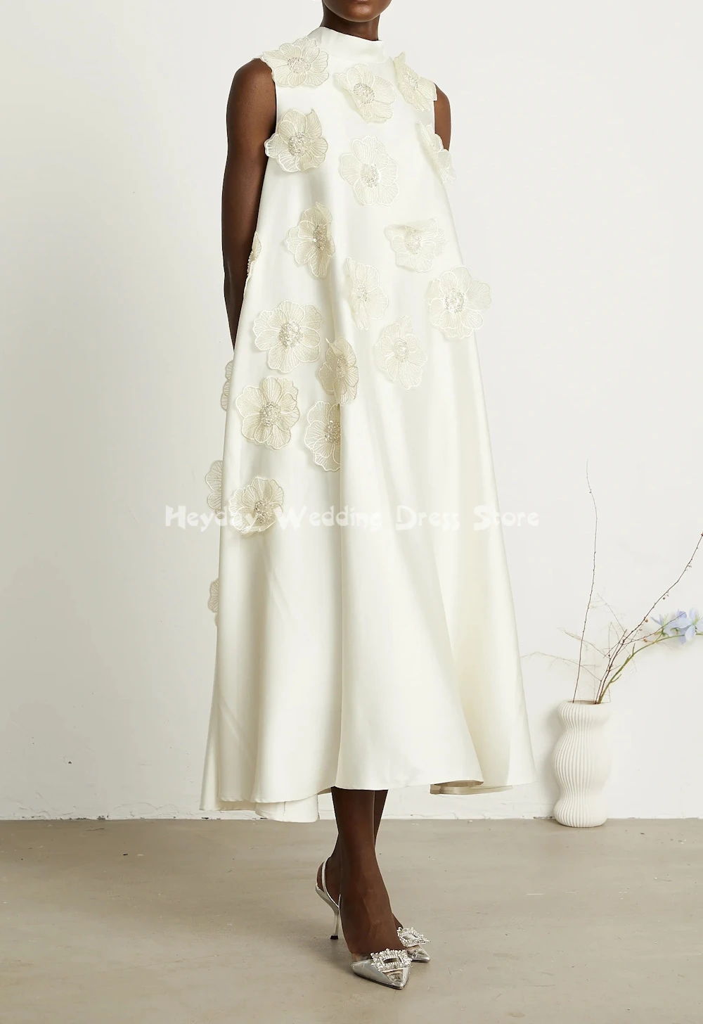 Heyday personalizado feminino alta pescoço 3d flores uma linha vestidos de noite com mangas chá-comprimento vestidos de festa elegantes 2025