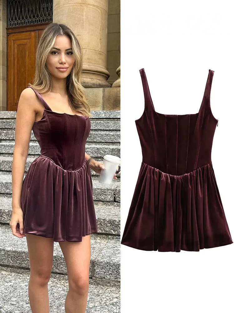 HH 女性用サマーセクシー スリムミニドレス 無地 スクエアカラー ノースリーブ バックレス プリーツ飾り ジッパー付き レディースファッションドレス