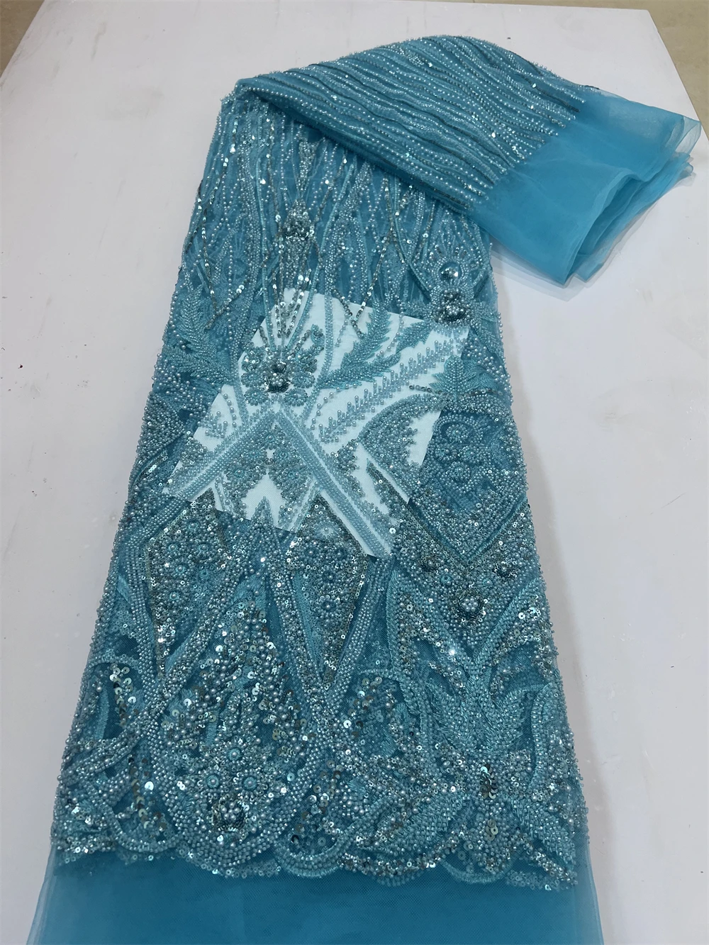 Aqua Green African Mesh Net Lace Fabric French Sequin Lace Embroidery Fabrics for Party Evening Dresses Sewing Material 5Yards