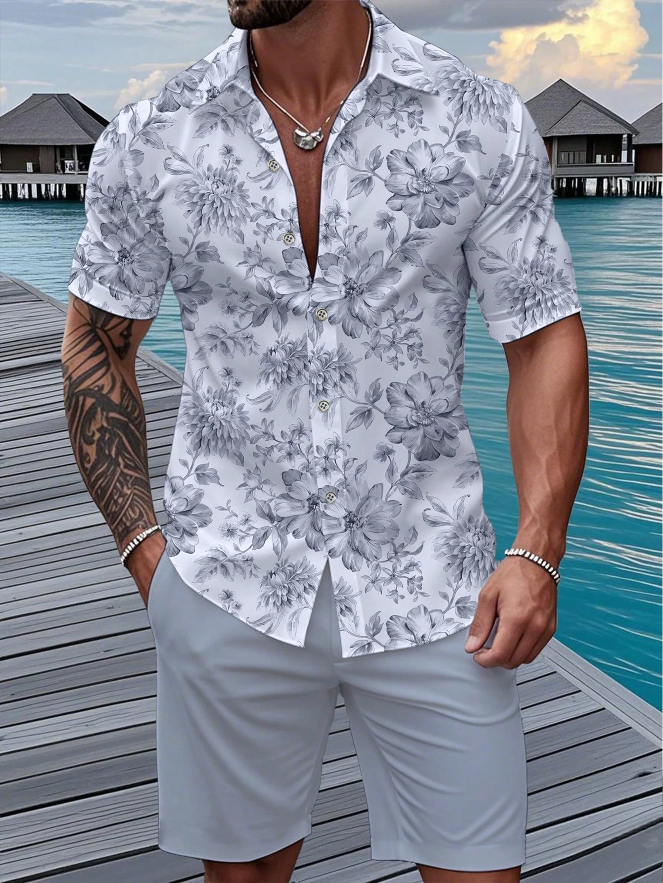 

Short-sleeved Button-down Shirt, Men's Beach Flower Printed Shirt And Shorts, Two-piece Set, Men's Casual Vacation Shirt Set