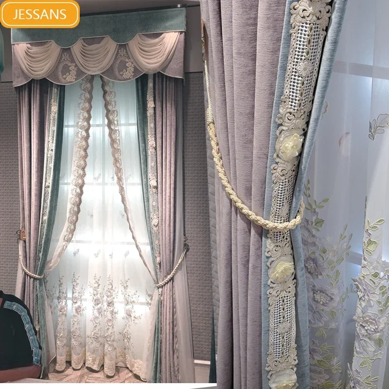 

Curtains for Living Dining Room Bedroom French Purple Gauze Curtains Chenille European Style Bay Window Screens