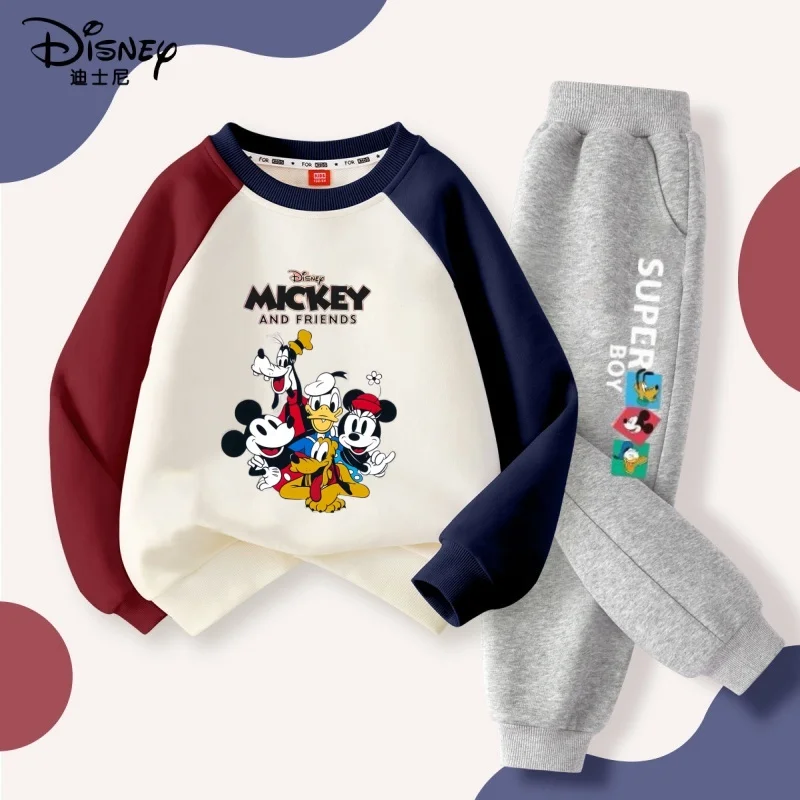 

Осенний комплект одежды для маленьких мальчиков, детский хлопковый костюм с цветными блоками и штаны с принтом дома Диснея, нижний комплект из двух предметов с длинными рукавами