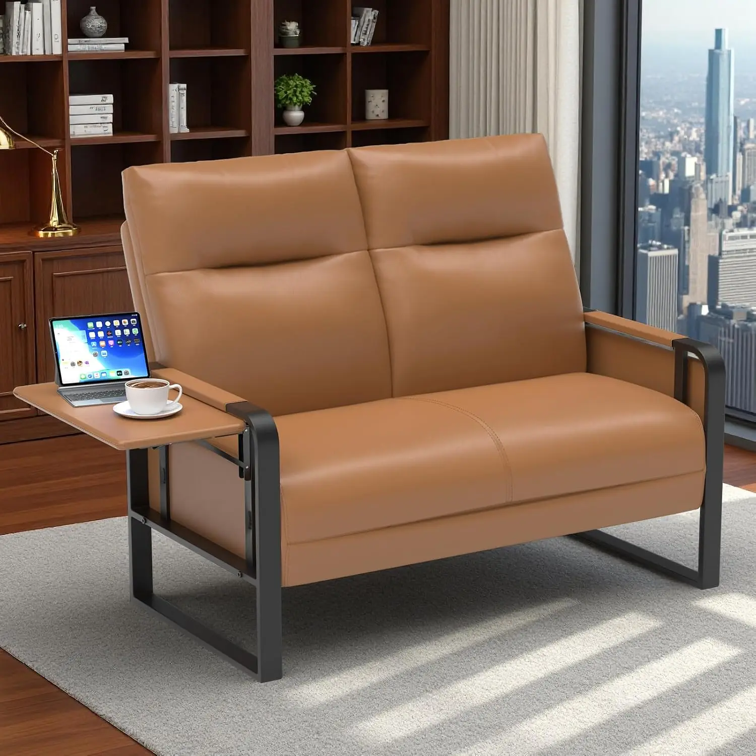 Modern Leather Loveseat with Side Tray & Pocket, Upholstered Small Sofa for Living Room Office Guest Room, Customized