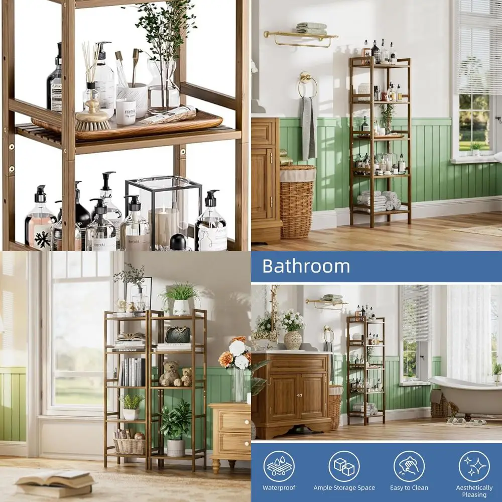 

Walnut 5-Tier Adjustable Tall Narrow Bookshelf for Small Spaces and Bathroom