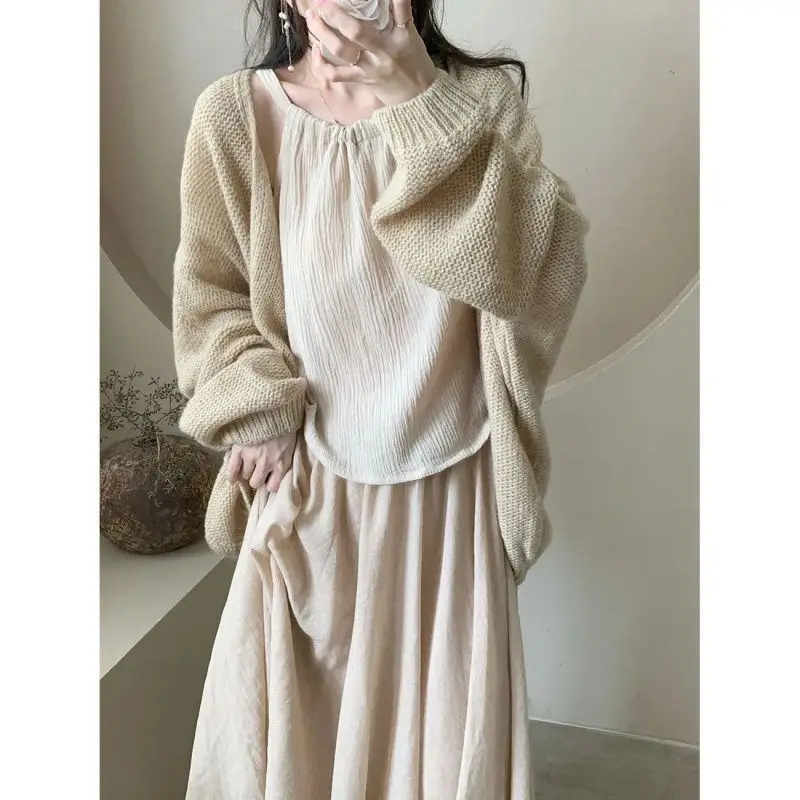 Pure Desire Wind Set Women's Spring 2024 New Sweater Cardigan+Neck Hanging Tank Top+Half Length Long Dress Three Piece Set Dress