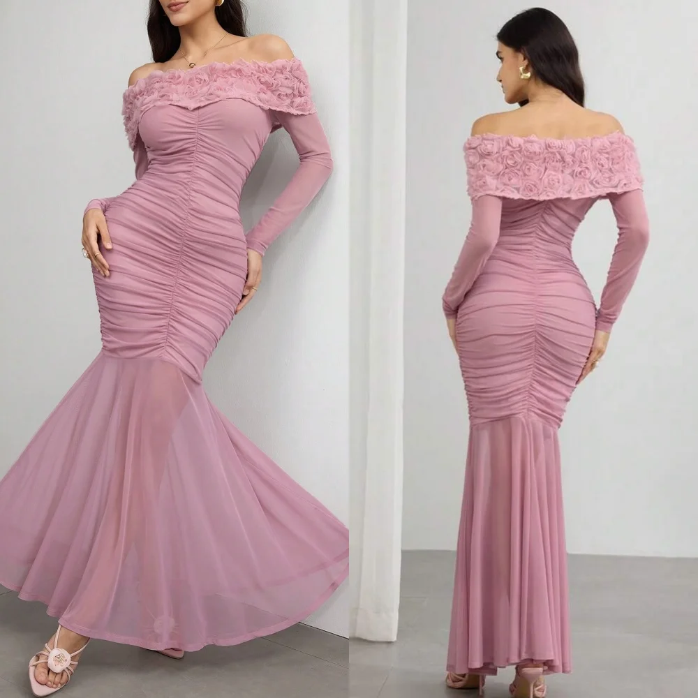 

Customized Modern Style Fashion Chiffon Handmade Flower Mermaid Off-the-shoulder Ankle Length Dresses Bespoke Occasion Dresses