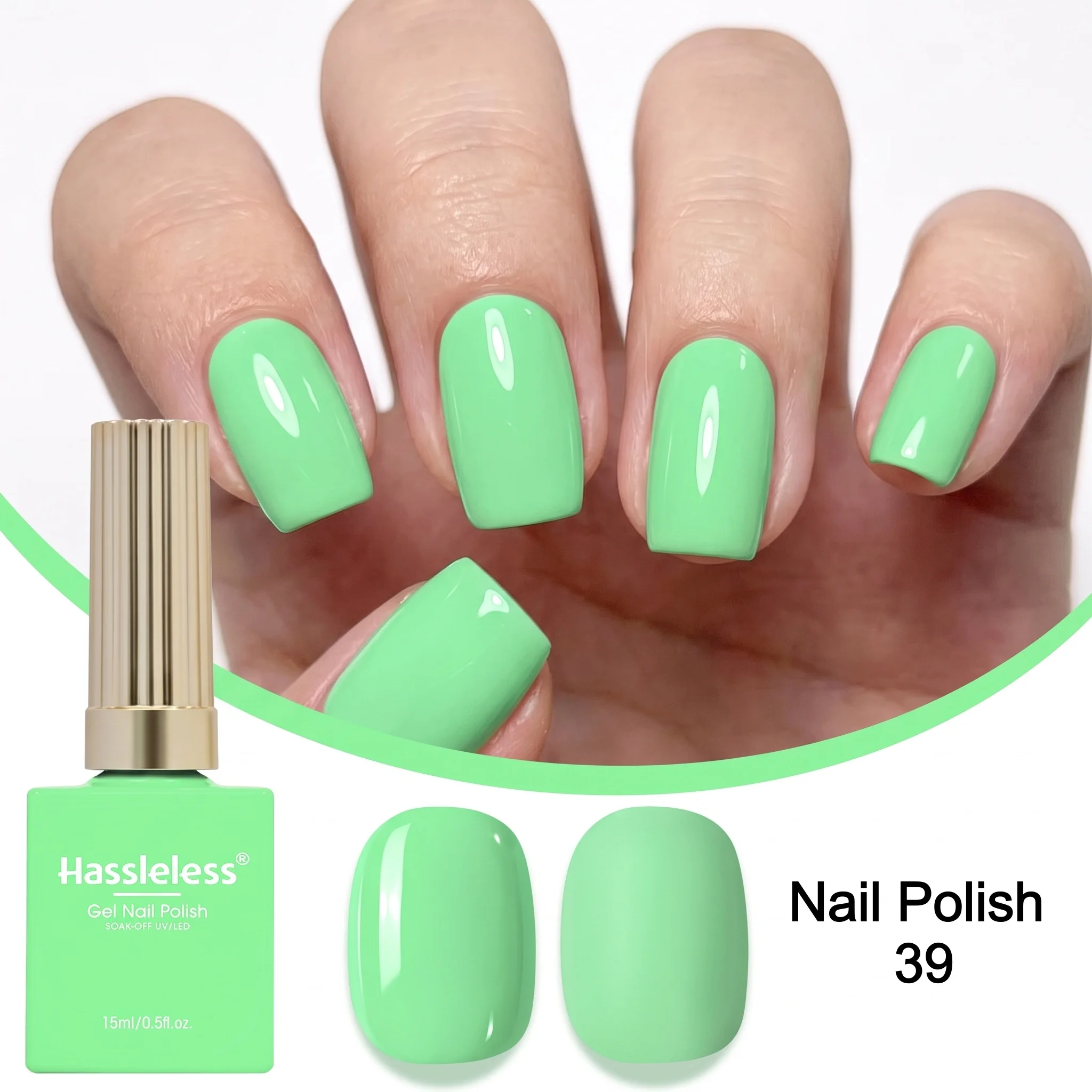 Hassleless Fluorescent Green Nail Gel, applies smoothly and provides even coverage, fluorescent green nail polish, clear and glossy