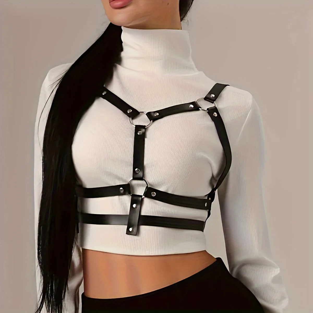 Punk Adjustable Metal Pin Fastening Leather Waist Belt Back Strap Chest Waist Strap Integrated Body Accessory Set for Matching