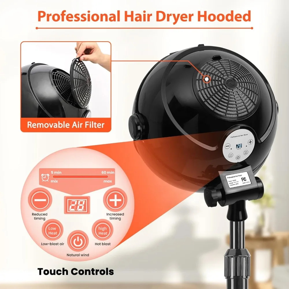 Ionic Hooded Hair Dryer, 1500W Standing Time Setting, Touch Controls and 3 Temperature Settings Hair Dryer for Home Salon