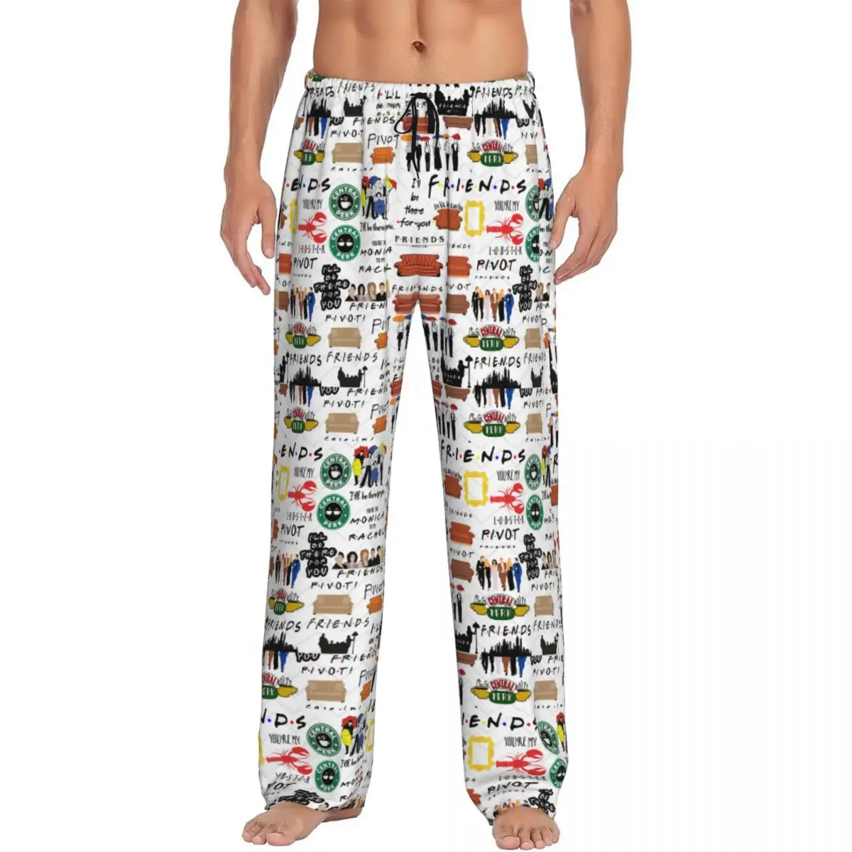 Calças de pijama com colagem de símbolos de amigos vintage com impressão personalizada para homens programa de TV Calças de dormir para dormir com bolsos