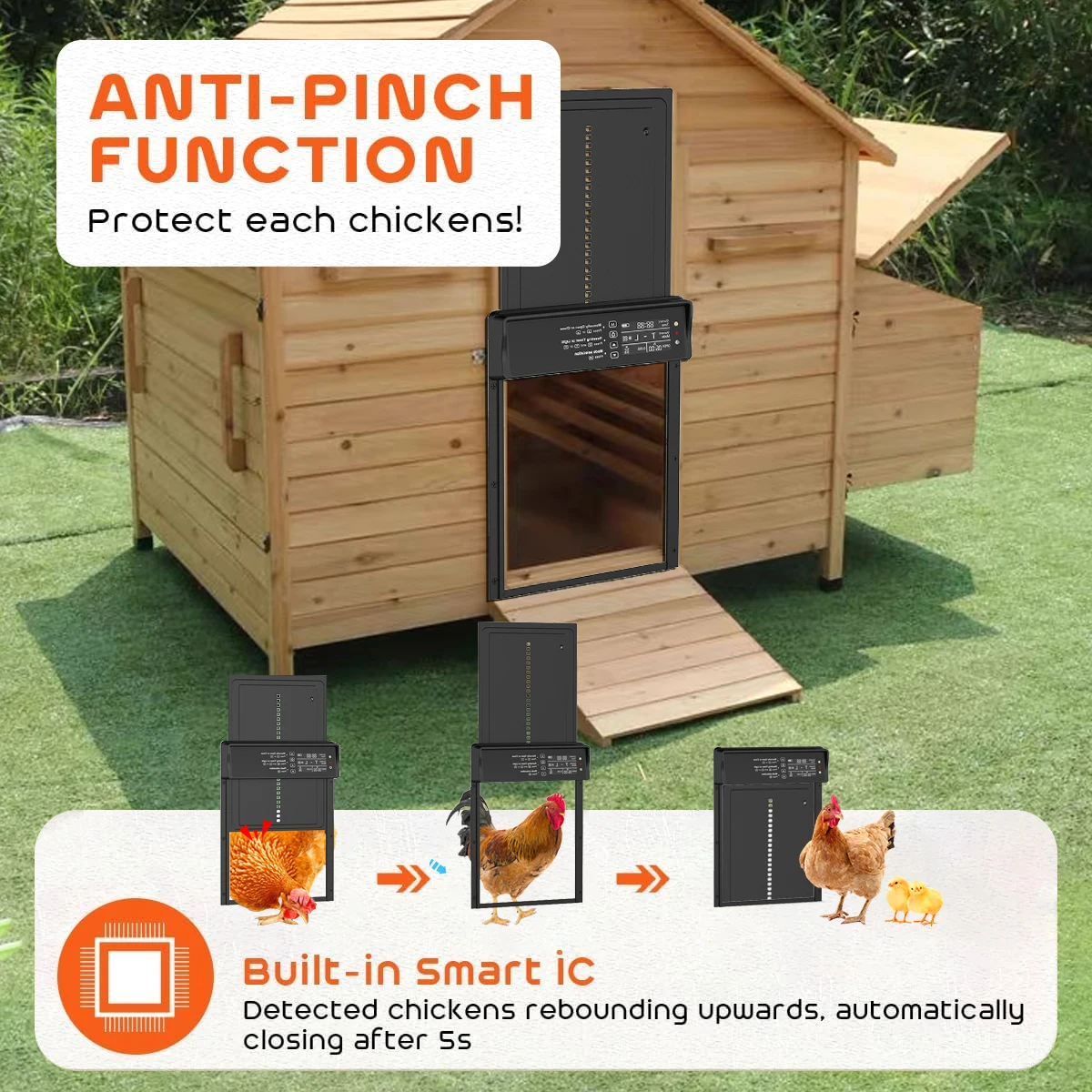 ประตูเล้าไก่แบบอัตโนมัติพลังงานแสงอาทิตย์, ประตูเล้าไก่แบบอัจฉริยะป้องกันการหนีบ, ประตูเล้าไก่ไฟฟ้า