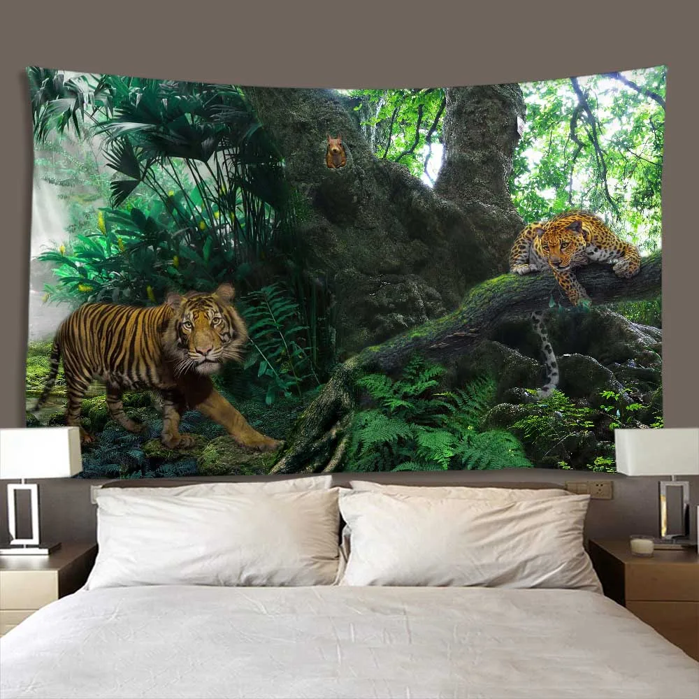 Primitive Forest Animal Tapestry Home Aesthetics Jungle Tiger Leopard Bear Wall Hanging Living Room Sofa Wall Background Cloth 2
