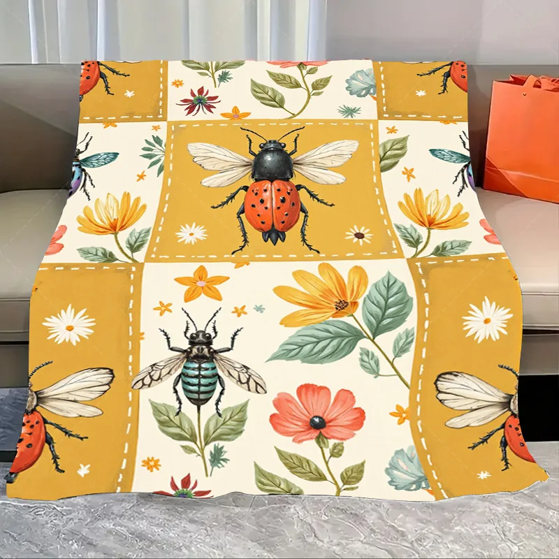 

1pc Flannel Blanket Vintage Floral Bee Blanket - Cozy Boho Style for Home Decor