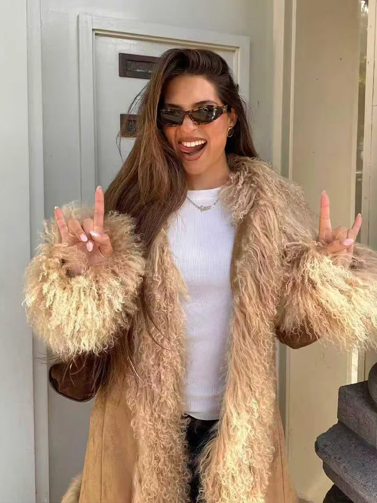 HH femme hiver mode épissage fausse fourrure effet décoration longueur moyenne manteau femme décontracté ample manches longues rue pardessus