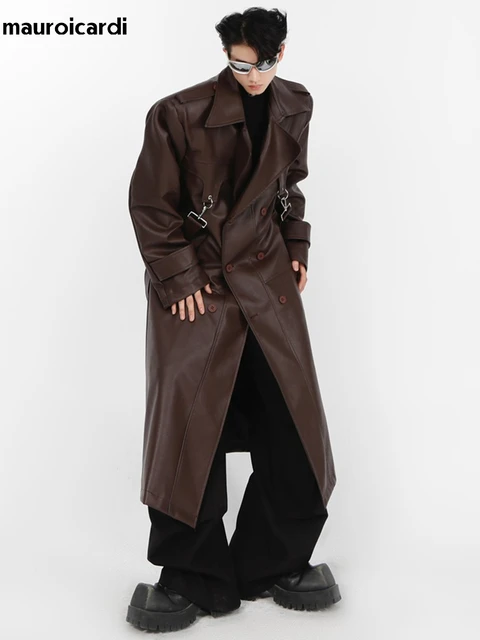 Mauroicardi Spring Autumn Oversized Cool Long Black Brown Pu Leather Trench Coat Men Shoulder Pads Loose European Fashion 2023 Faux Leather