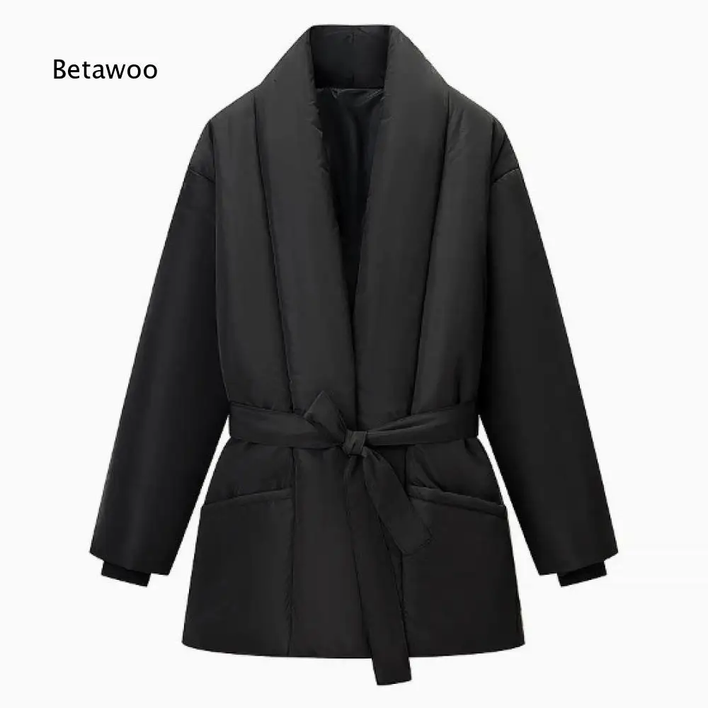 Ladies Wrap Front Padded Jacket Shawl Collar Long Sleeve Coat with Waist Strap and Pockets for Autumn Winter Daily Outfit