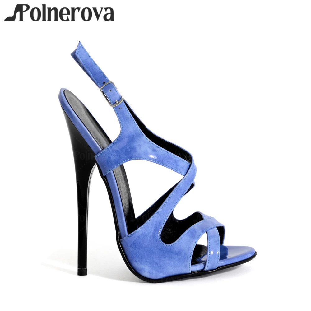

16cm Cobalt Blue Extreme Sandals Peep Toe Cross Strap Stiletto Sandals Sexy Style Lacquered Empire Heels Women Handmade Sandals