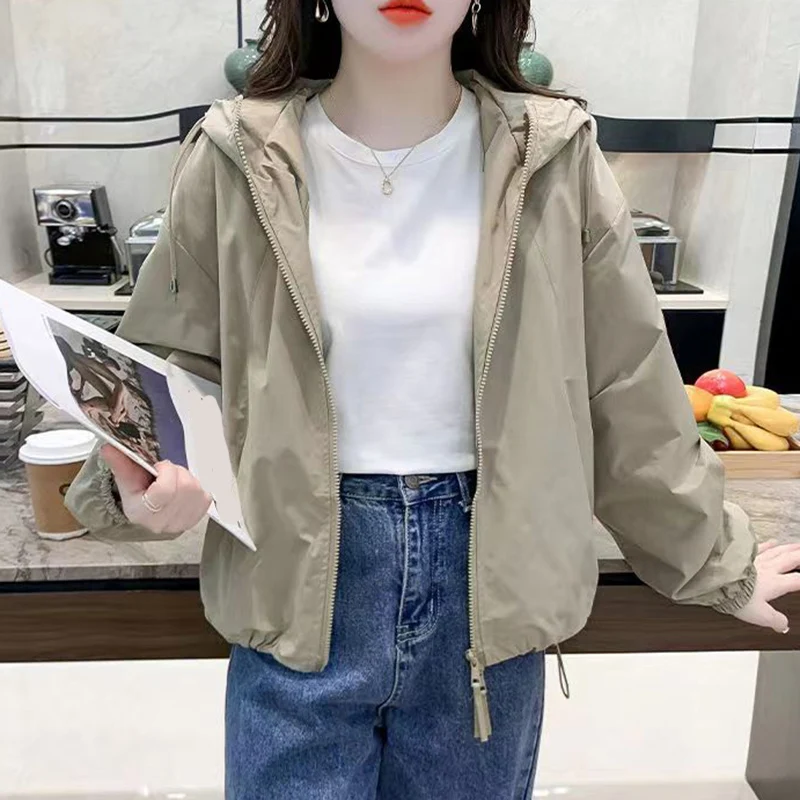 Rimocy Harajuku High Collar Cropped Jacket Women Solid Color Hooded Zip-Up Coat Woman Autumn Casual Short Windbreaker Female