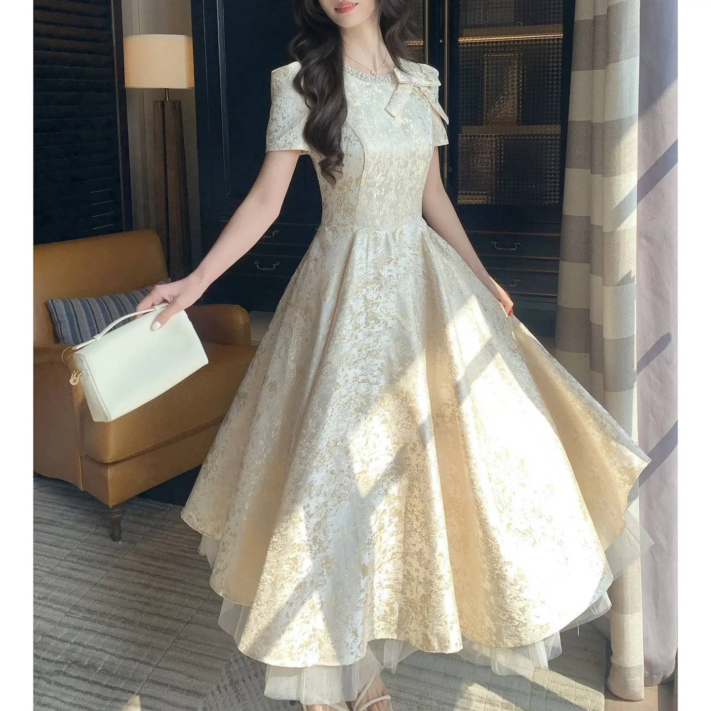 

Вечернее платье цвета шампанского длиной до щиколотки, свадебное платье, элегантное платье с короткими рукавами и застежкой-молнией сзади