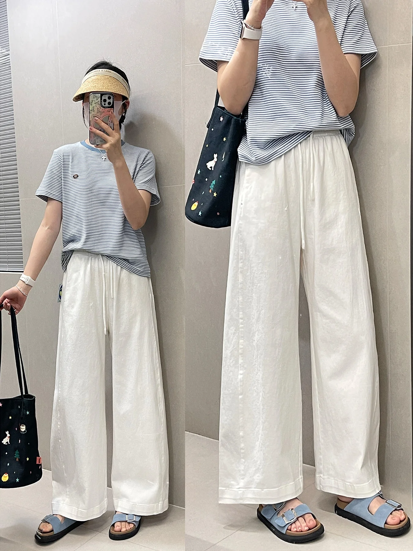 

White Wide Leg Jeans Summer Elastic Waist Belt Loose Meat Concealing Ju Versatile Straight Casual Pants Long Women's Jeans