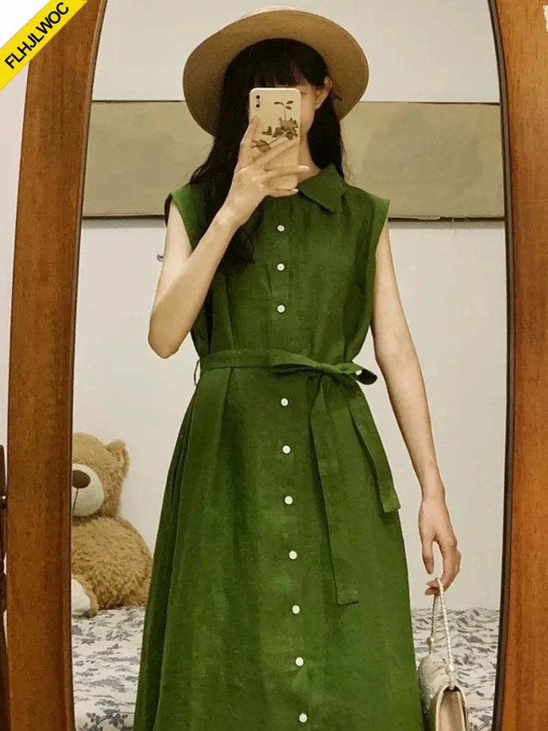 Sleeveless Shirt Dresses New Women Lace-Up Cute Sweet Girls Retro Vintage Solid Green Single-Breasted Button Long Maxi Dress