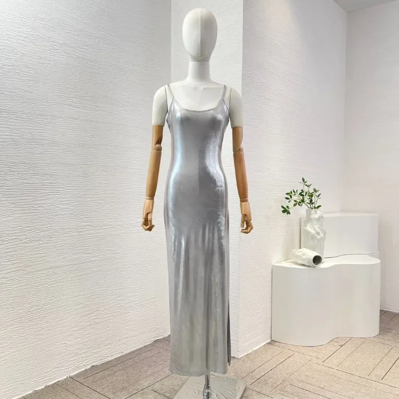 Women's Silver Slim Fit Sleeveless Slit Hem Midi Elegant Summer Holiday Dress for 2024 Top High Quality New Dresses Party Gifts