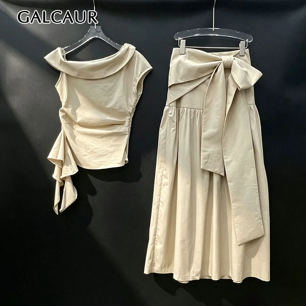 GALCAUR Solid Spliced Folds Slimming Sets for Women Diagonal Collar Sleeveless Top High Waist Midi Skirt Two Piece Set Female