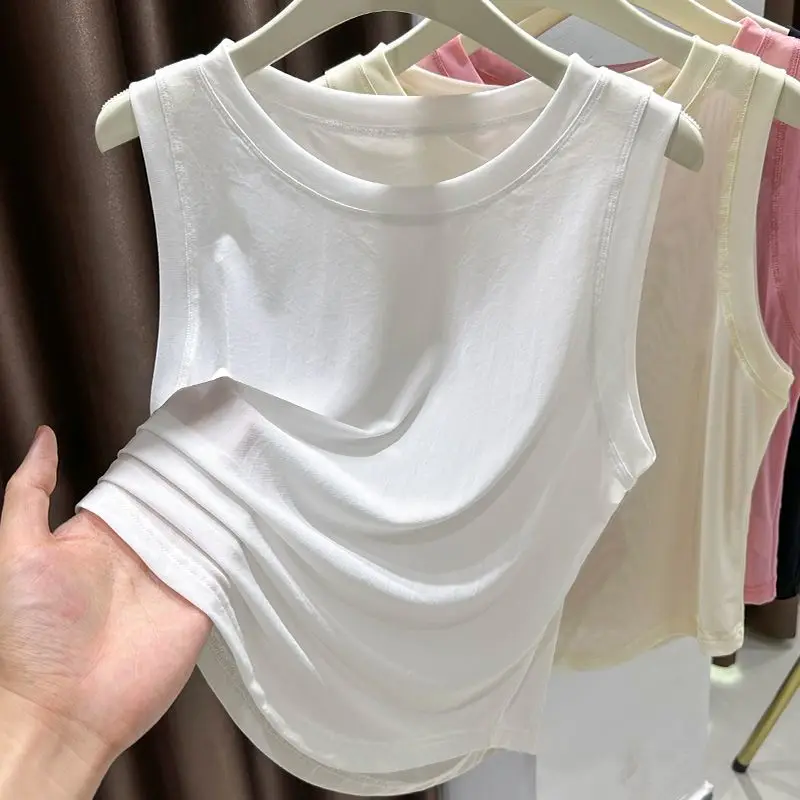 Ice Silk Mesh Sleeveless Vest Women's Summer Thin Hollow out Breathable Quick Dry T-Shirt Outerwear Cover up Base Shirt Top