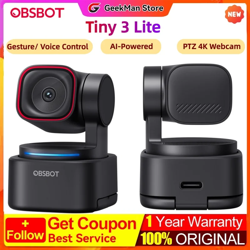 OBSBOT Tiny 3 Lite AI-Powered Spatial Audio 4K Webcam - AI