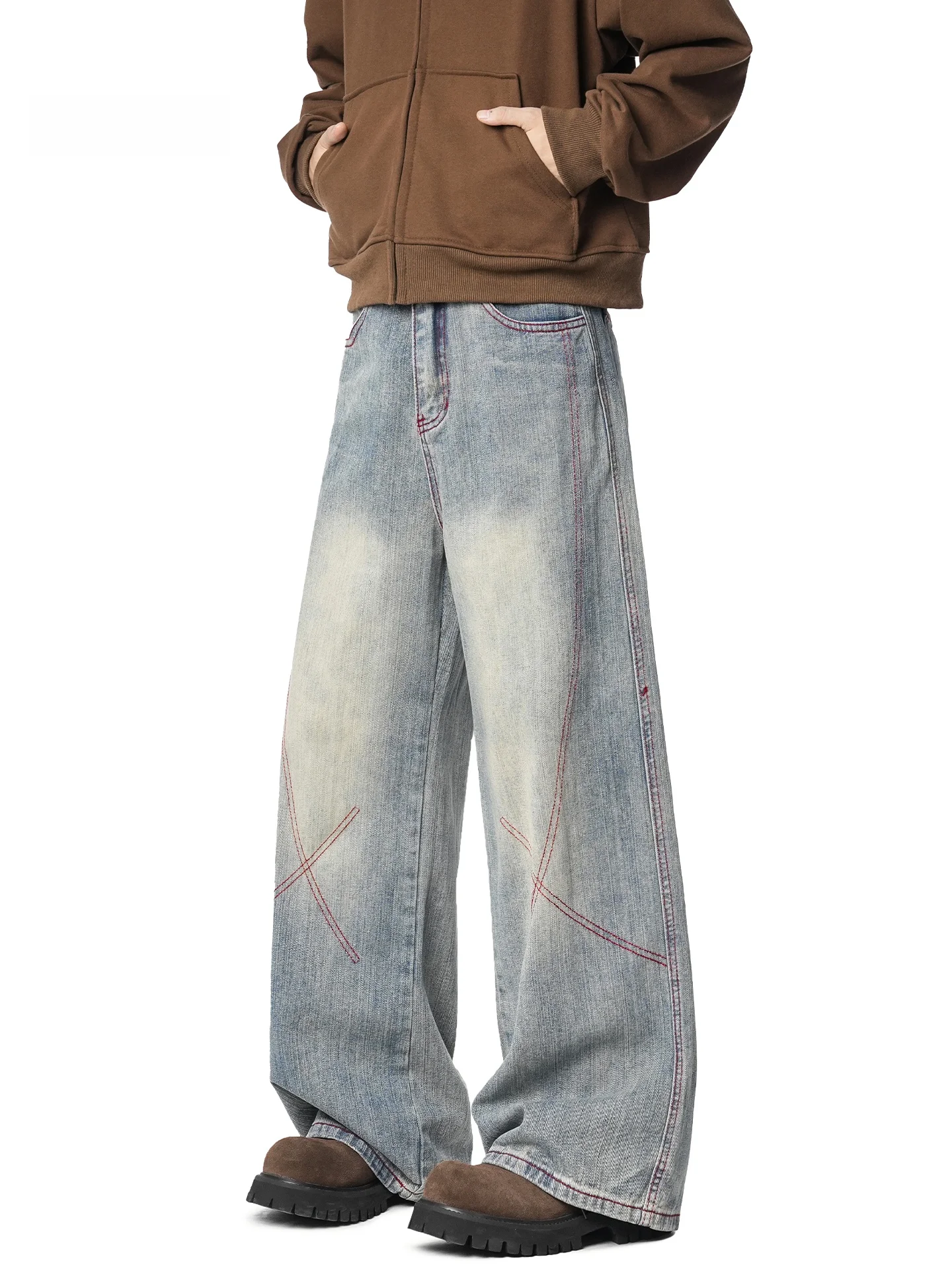 

Мужские джинсы с узором в виде бамбуковых узлов в американском ретро-стиле, утолщенные, прямого кроя, осенне-зимние, повседневные, свободные, струящиеся, широкие брюки