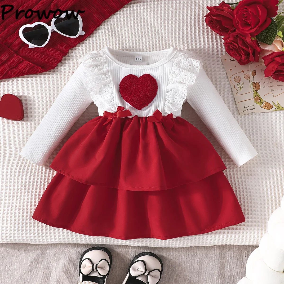 Prowow My First Valenties Day Baby Costumes Patchwork Heart Pattern Red Dress For Girls 2025 Spring Kids Layered Dress 0-3Y