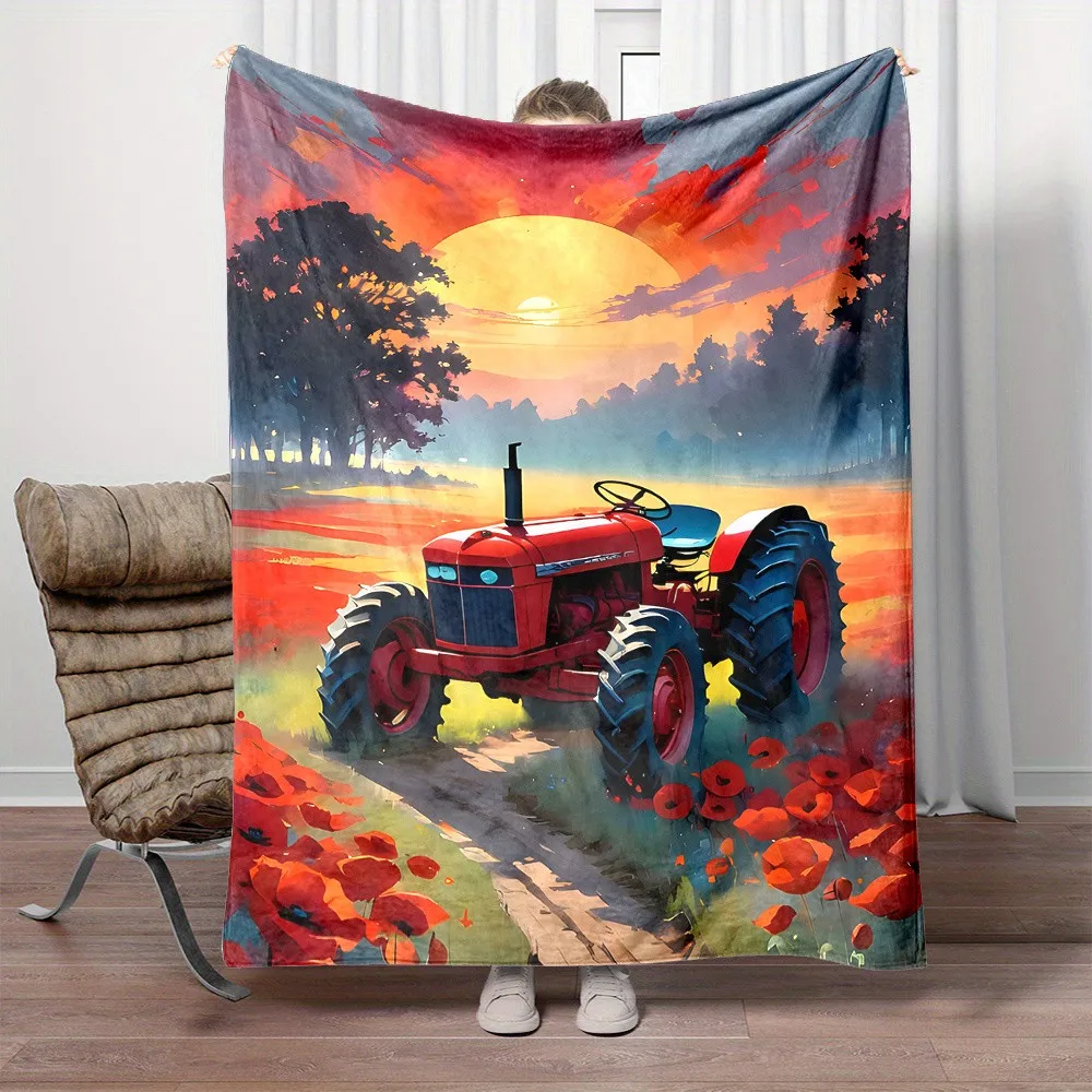 Large Cozy Farmhouse Blanket Throw Tractor Sunset Poppies Rustic Picnic Print Blankee Decor 150x230cm