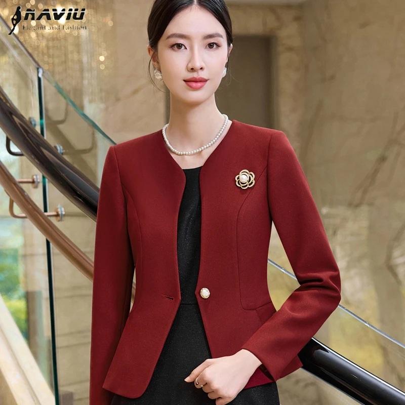 

NAVIU Fashion Women Red White Black Solid Blazer Female Long Sleeve Single Button Jacket Coat Ladies Office Outerwear High End