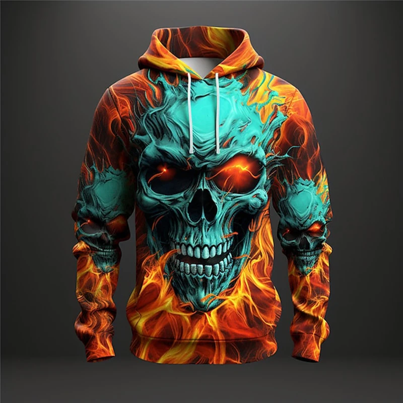 Mens Skull Flame 3D Printed Hoodie, Hip Hop Trend,Harajuku Oversized Clothes,Gothic Hoodie, Autumn Casual Sweatshirt,Fashionable