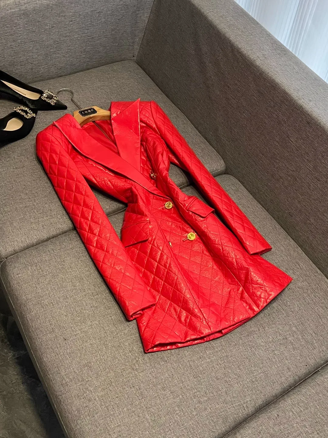 

Retro Red Diamond Pattern Leather Jaet Women's Double Row Button Gold Button Slim Fit Biker Coat ort Sle Floral Embroidery