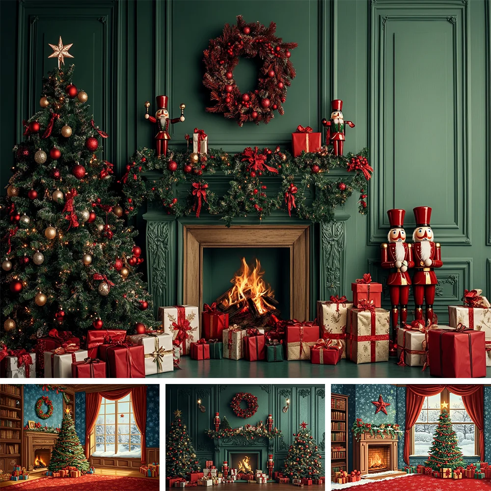 Christmas Photography Background Shiny Vintage Green Gift Wall Xmas Tree Wreath Backdrop Winter Kid Family Photo Studio