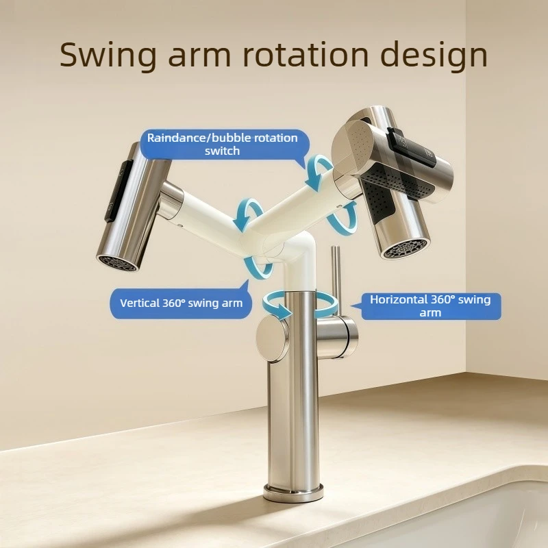 Robotic Arm Rainfall Rotating Faucet All-Copper Household Bar Sink Vegetable Washing Basin Handwashing Basin Hot and Cold Faucet