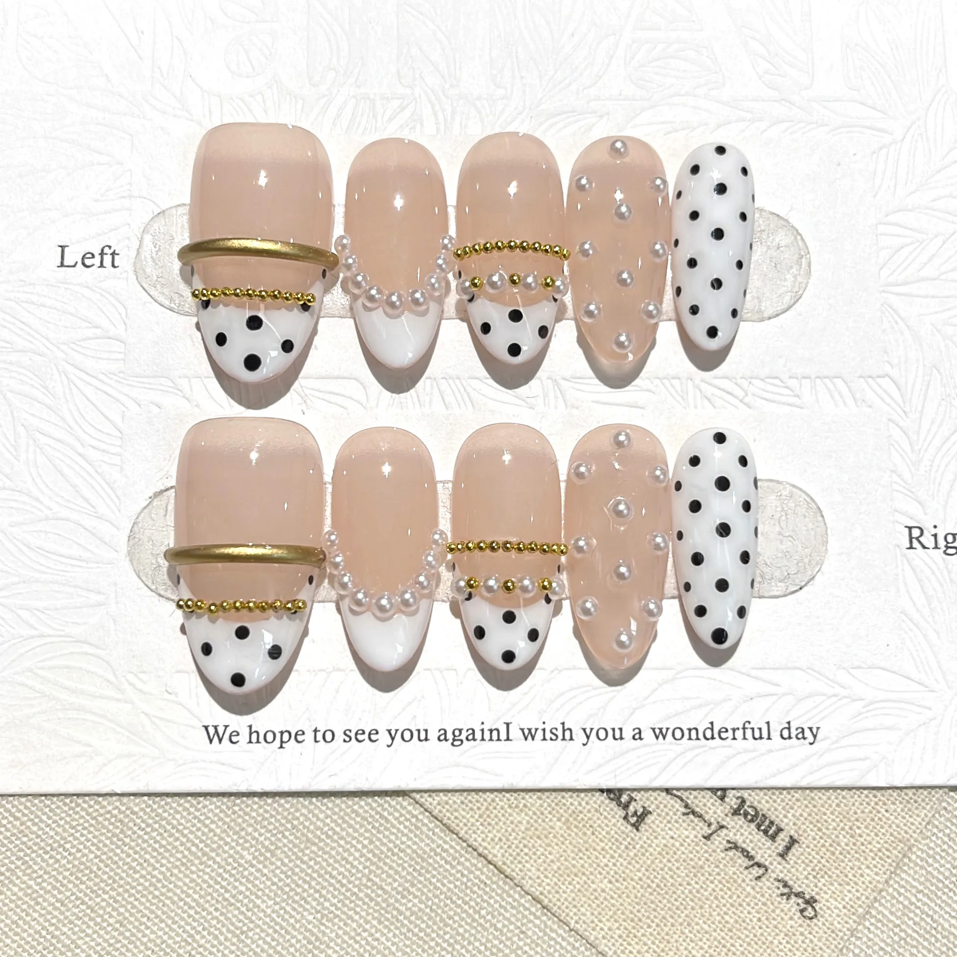 10PCS Original Handcrafted False Nails, Nude White Almond Press On Nails with Polka Dot Pearl Metal Chain Nail Art Tips
