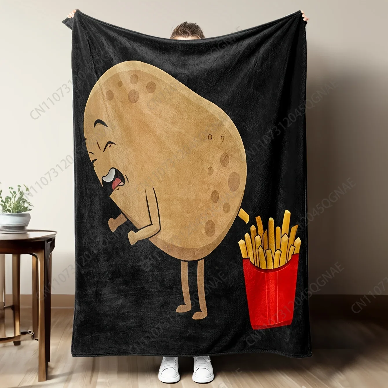 Custom 1pc Flannel Blanket, Cartoon French-Style Fries Design For Potato Lovers, Soft Warm Cozy Sofa Bed Office Throw, Small Bla