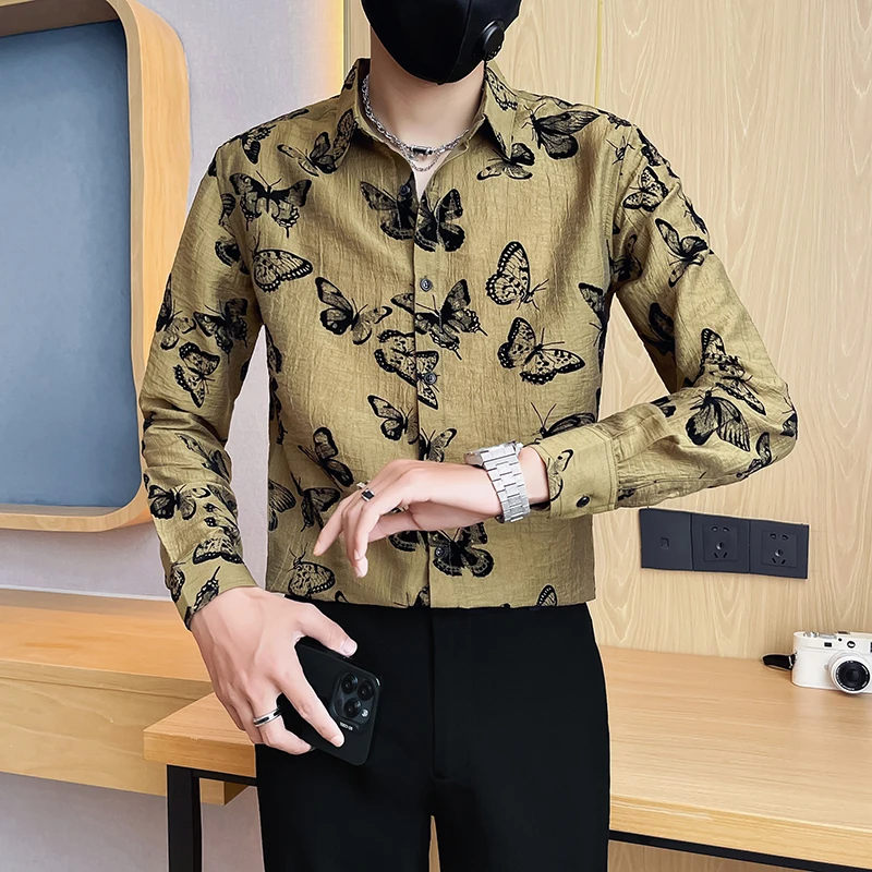 Retro Butterfly Printed Long-sleeved Men Shirt Trendy Folds Design Slim Fit Mens Floral Shirts Wedding Party Social Tuxedo Shirt