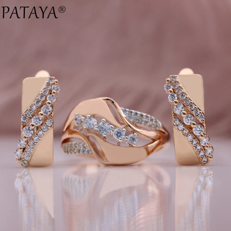 PATAYA New Micro-wax Inlay Natural Zircon Drop Earrings Ring Sets 585 Rose Gold Color Luxury Romatic Women Fashion Jewelry Set