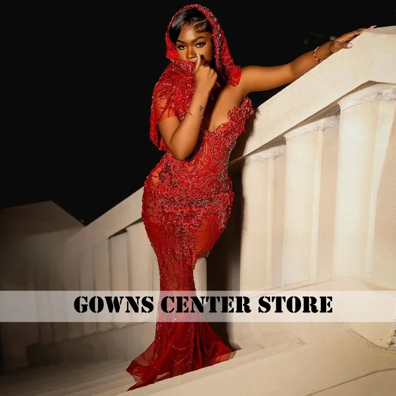 Sexy See Through Red Prom Dresses With Scarf Luxury Rhinestone Mermaid Party Gowns Crystal Vestidos De Gala Cutsomized